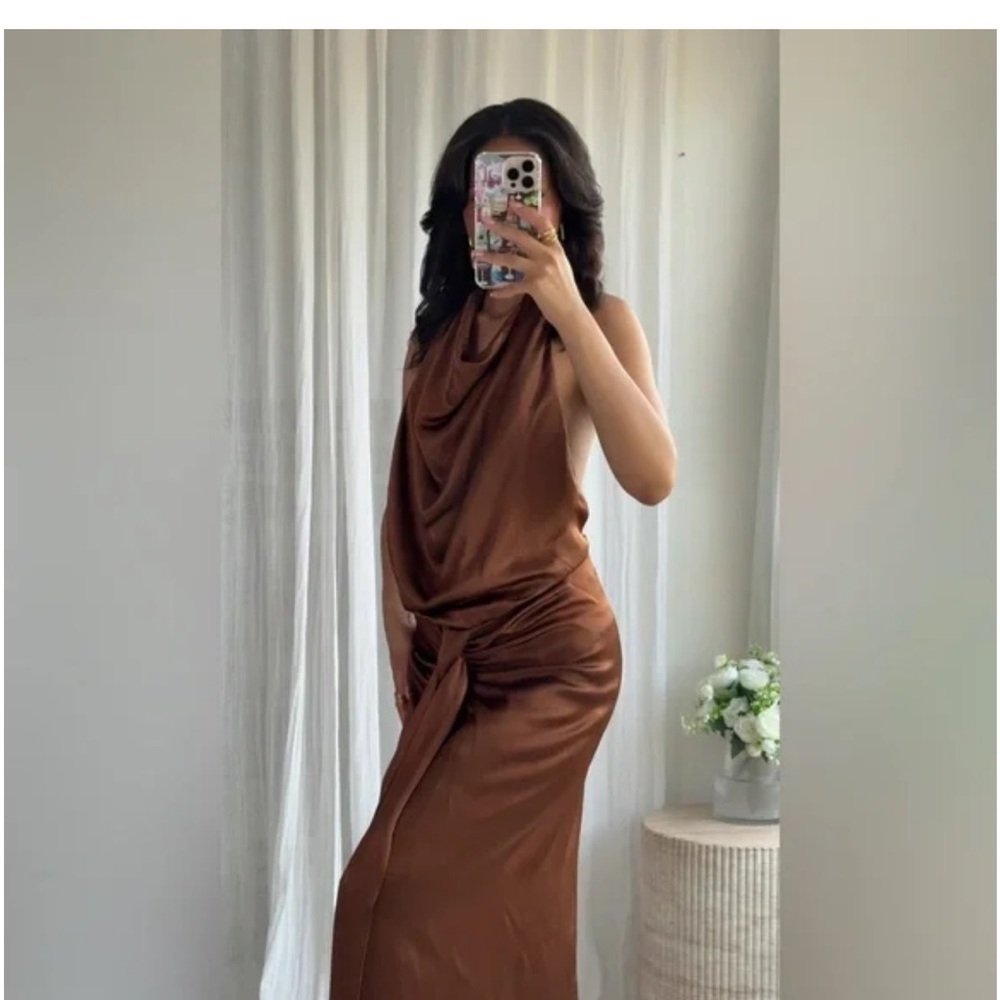 Zara SATIN EFFECT HALTER MIDI DRESS M Brown NWT - Picture 4 of 7